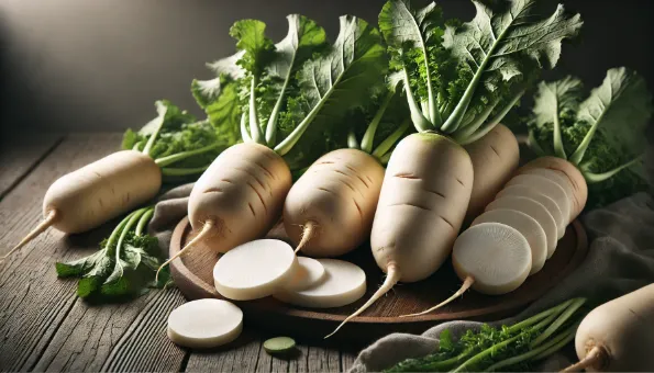 Radis daikon : 18 kcal et 24 mg de vit C pour 100 g