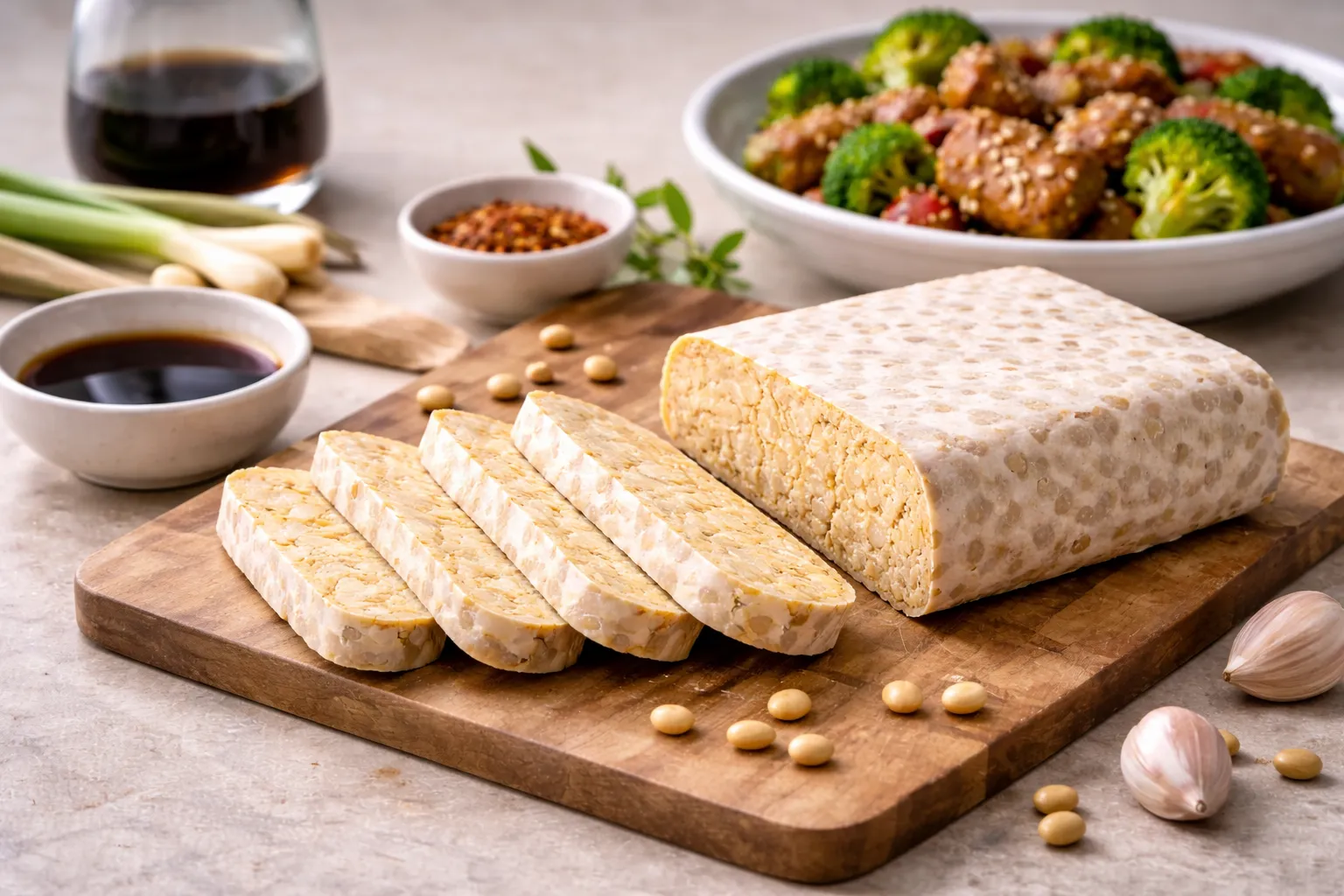 Tempeh: proteína de soja fermentada, firme y sabrosa