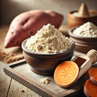 Farinha de batata-doce: 357 kcal & 14 000 UI vit A/100 g