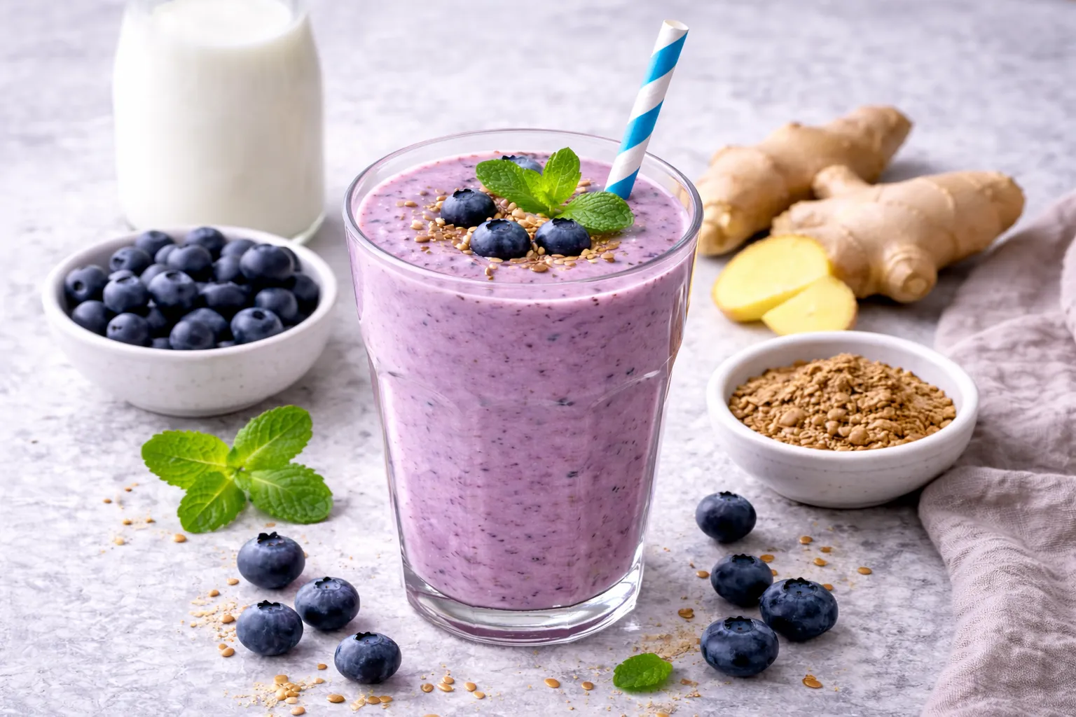 Kefir Smoothie with Blueberries, Ginger and Flax (5 Minutes)