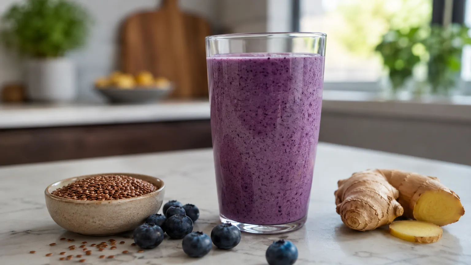 Kefir Smoothie with Blueberries, Ginger and Flax (5 Minutes)