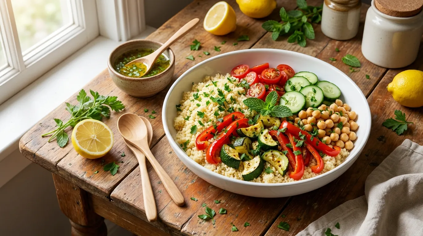 Couscous-Bowl mit Röstgemüse, Zitrone und Kräutern