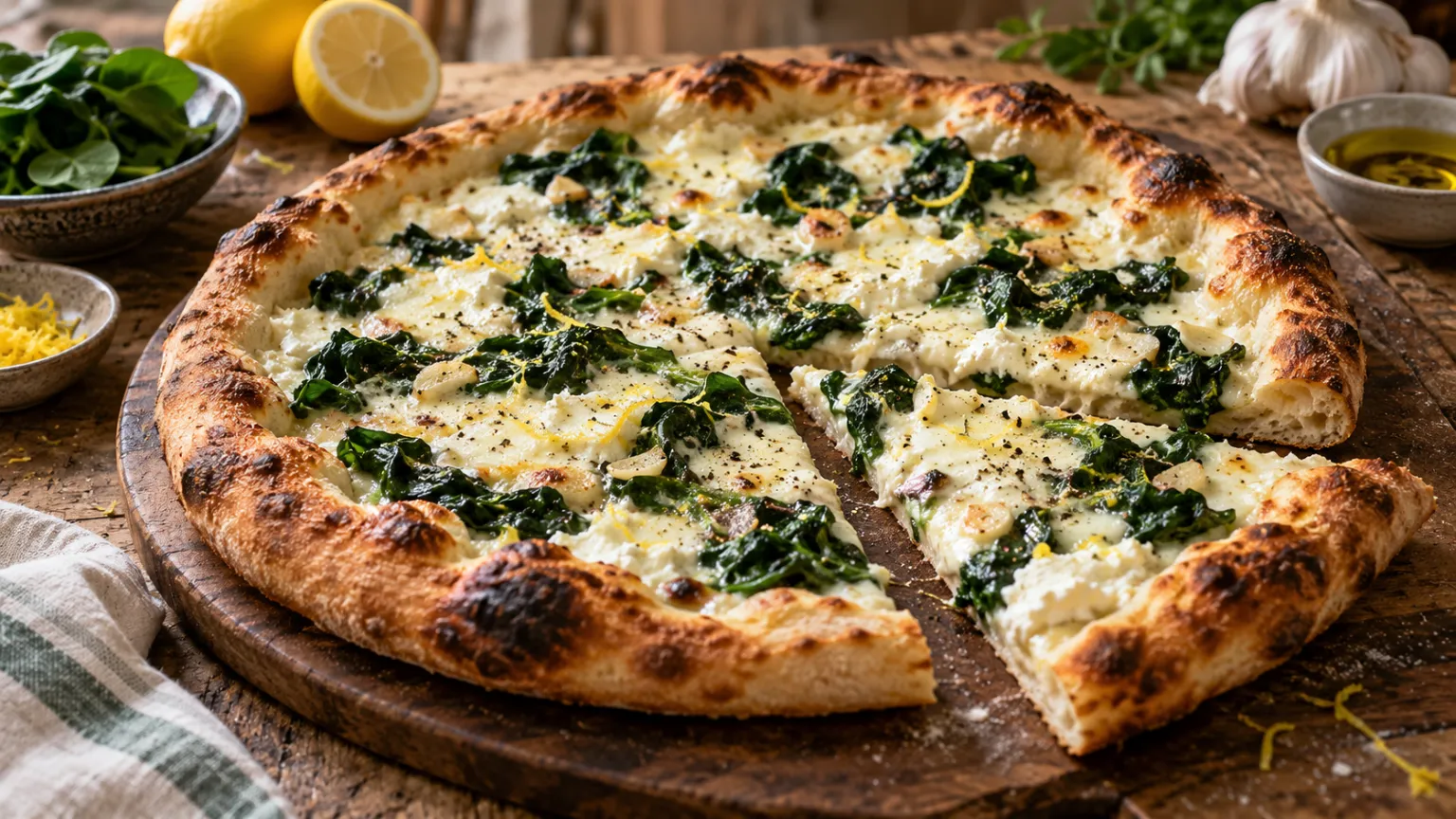 White Ricotta Pizza with Spinach, Garlic and Lemon