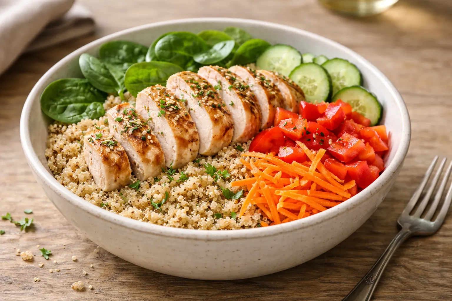 Piletina + quinoa power bowl (post-workout, 30 minuta)