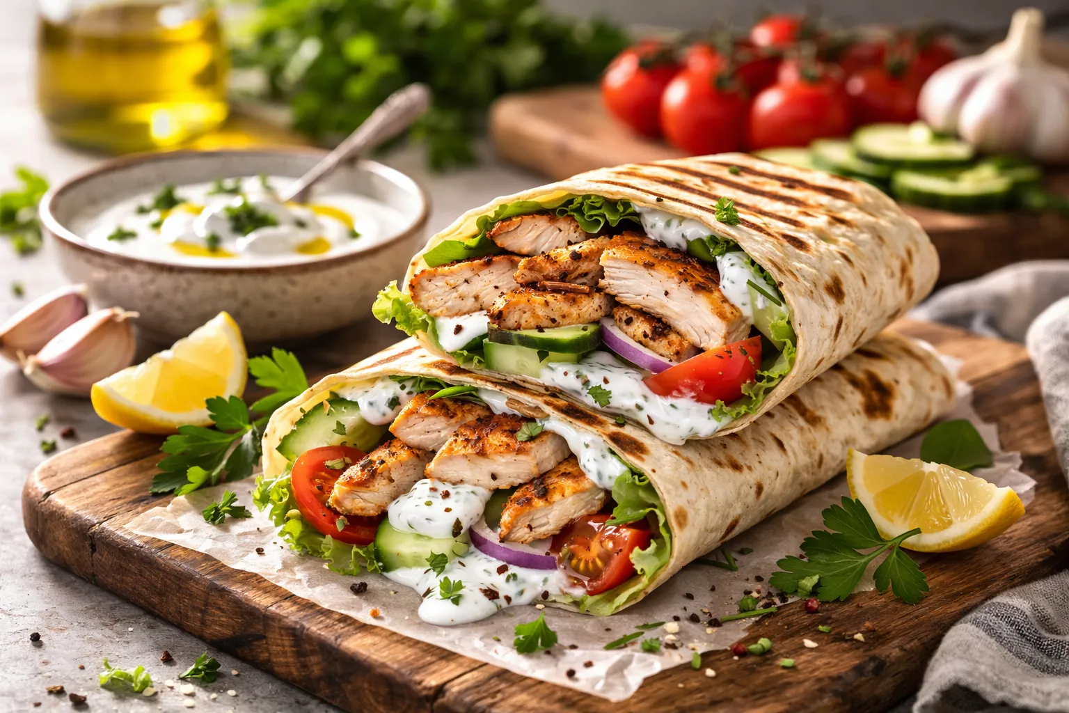 Grilled Chicken Wrap with Yogurt Garlic Sauce (High Protein, 25 Minutes)