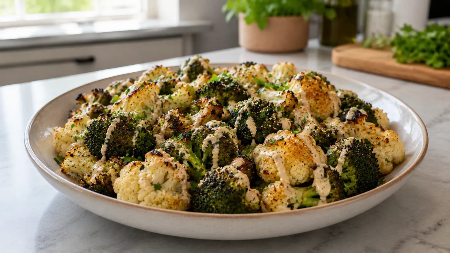 Roasted Broccoli and Cauliflower with Tahini Dressing