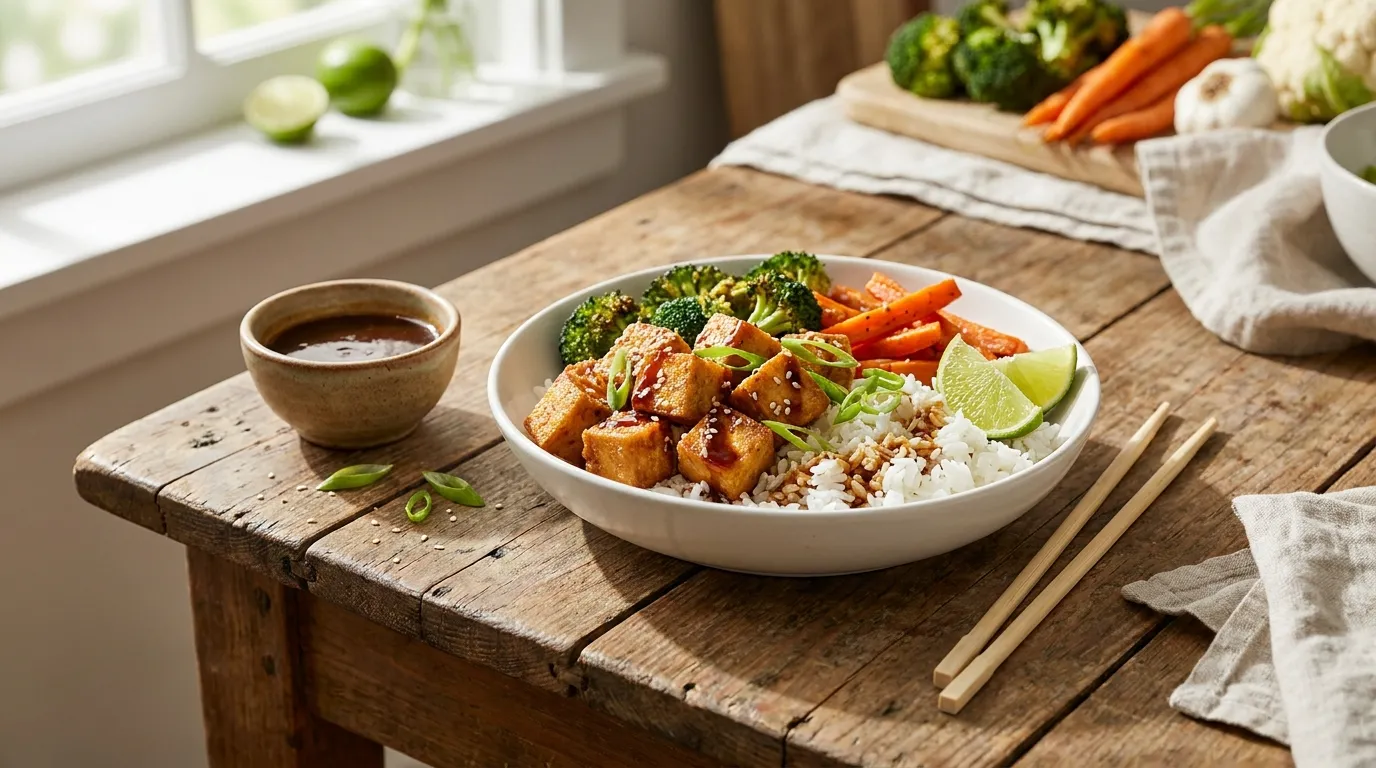 Crispy Baked Tofu Rice Bowl with Roasted Vegetables