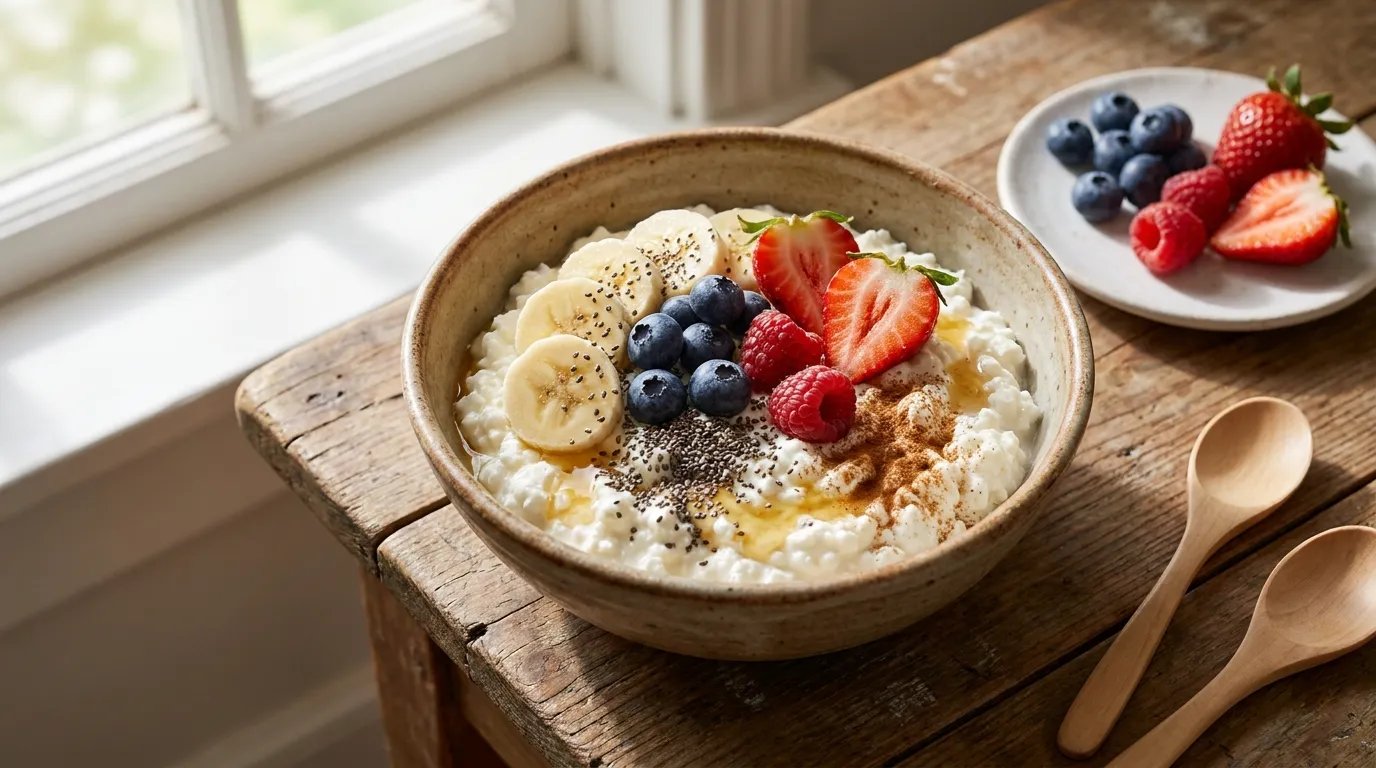High-Protein Cottage Cheese Breakfast Bowl with Fruit and Chia Seeds