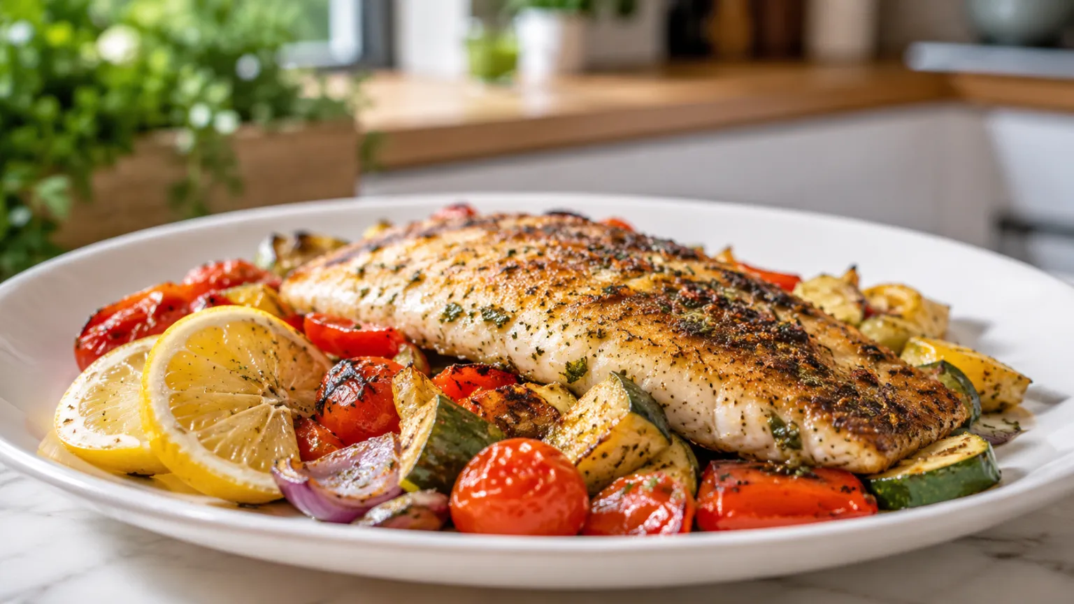 Baked Fish with Vegetables and Lemon
