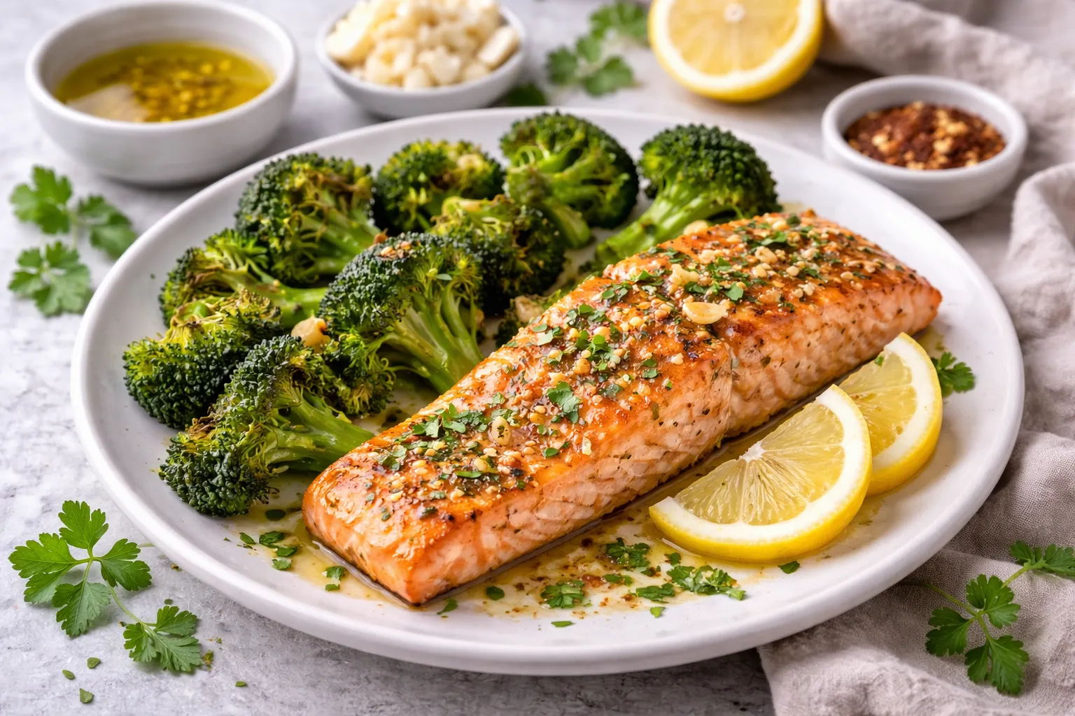 Pečeni losos i brokoli sa limunom i bijelim lukom (omega‑3 večera)