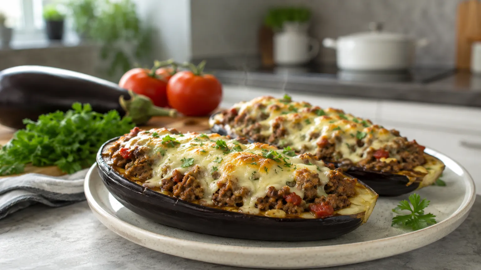 Keto Stuffed Eggplant with Ground Beef and Cheese