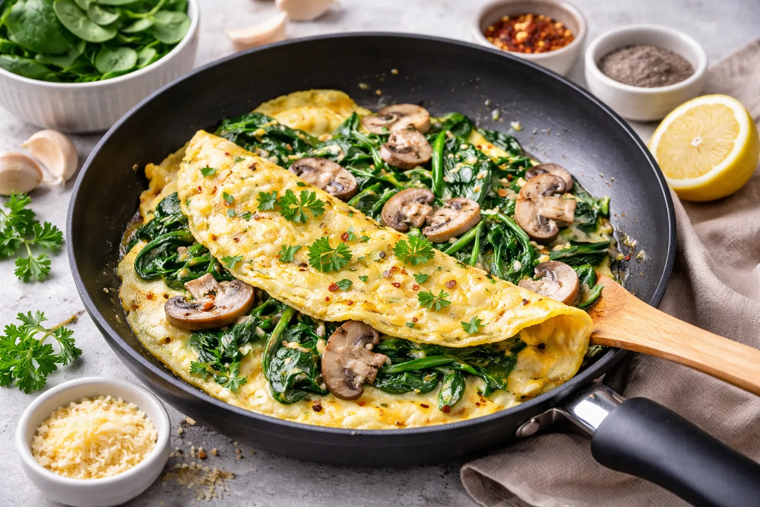 Omlet sa špinatom i gljivama (visoki proteini, 20 minuta)