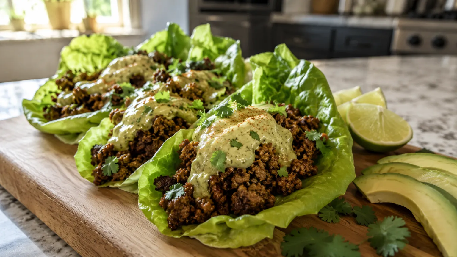 Keto Beef Lettuce Wraps with Spicy Avocado Mayo