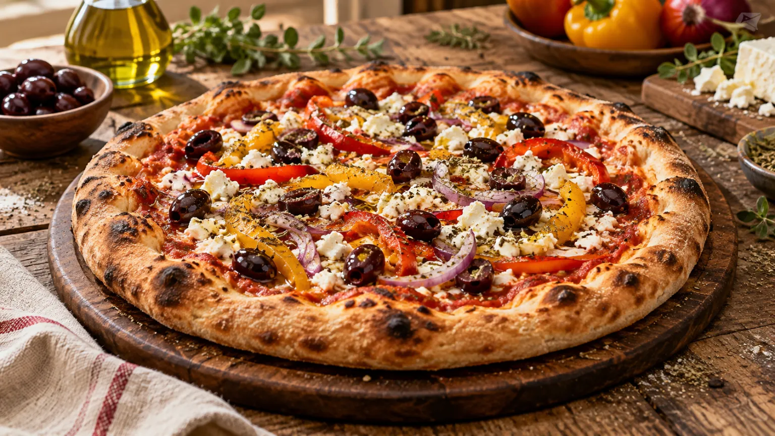 Mediteranska Feta pizza s maslinama, paprikom i lukom