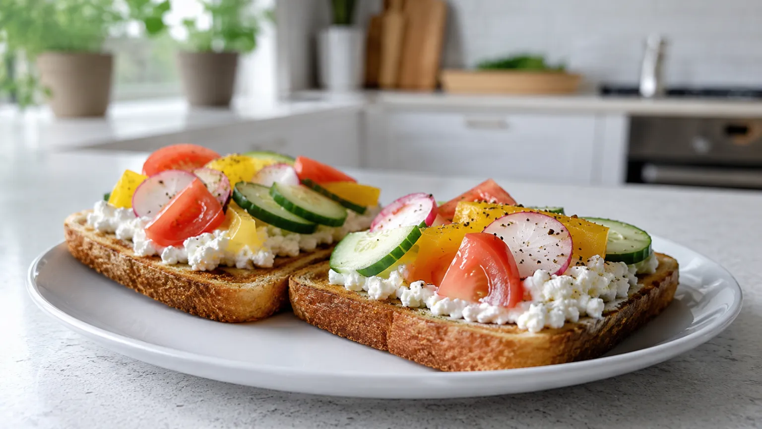 Toast with cottage cheese and vegetables – quick, high-protein, no-cook breakfast (9 min)