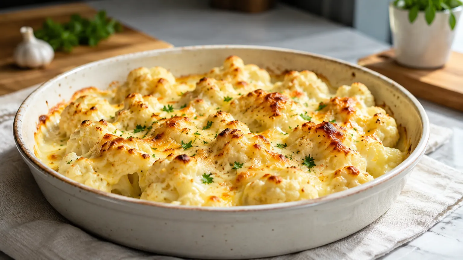 Keto Baked Cauliflower with Cheese and Cream