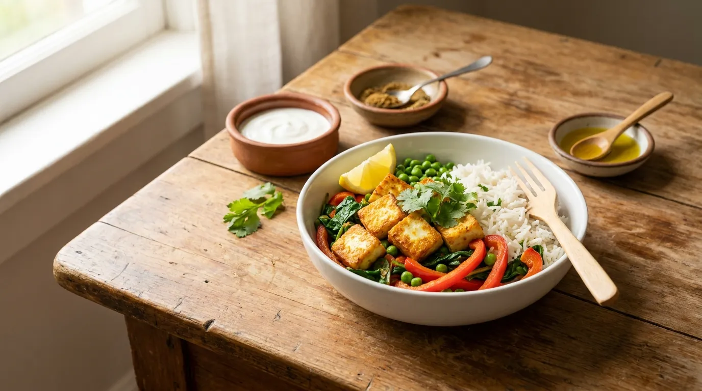 Einfache indische Reis-Bowl mit Paneer und Gemüse