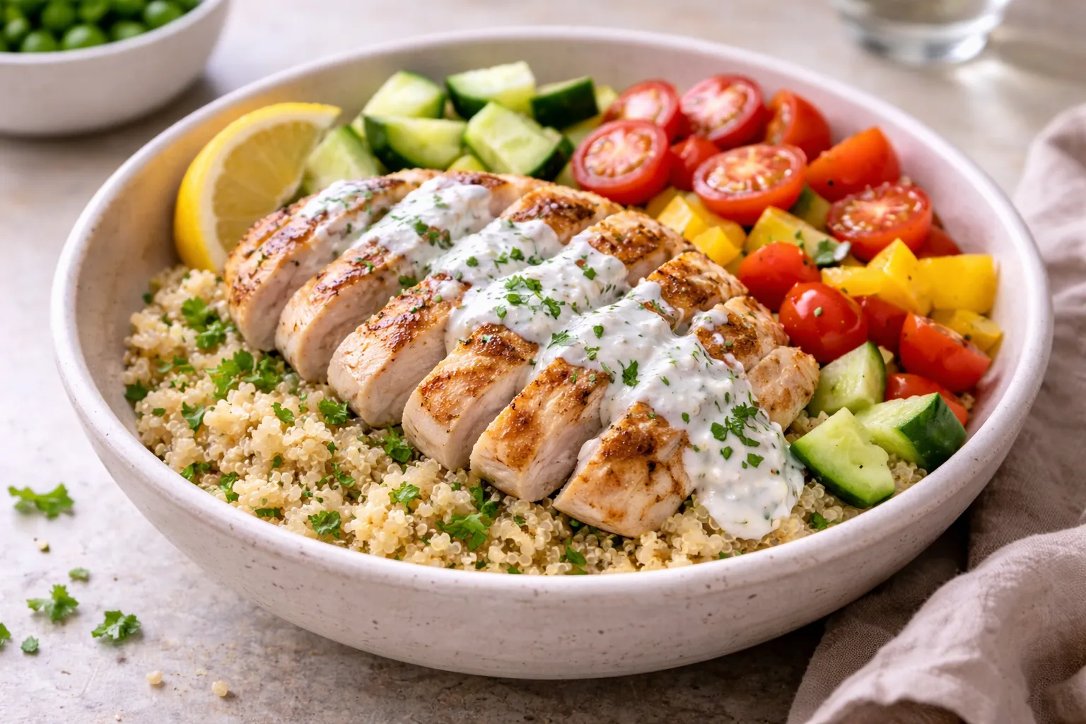 Pileća zdjela sa kvinojom, povrćem i jogurt sosom (protein ručak, 35 min)