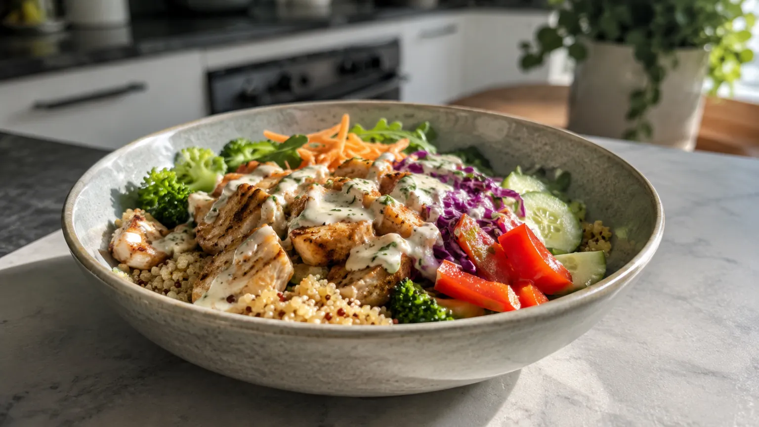 Chicken quinoa bowl with veggies and yogurt sauce – high-protein, quick, meal-prep lunch (35 min)