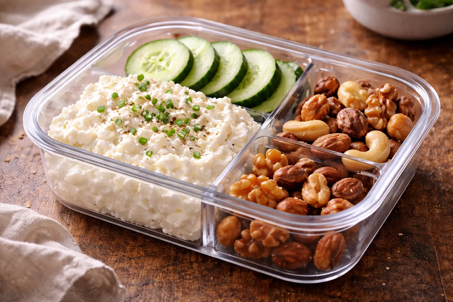 Protein snack box: sir/jogurt + krastavac + orašasti (porcionisana užina)