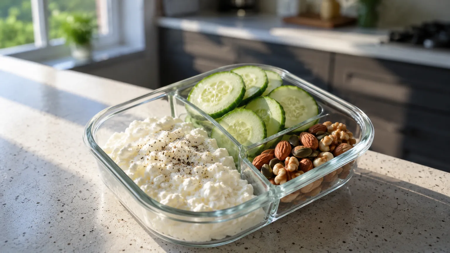Protein snack box (dairy + cucumber + measured nuts) – no-cook, high-protein, quick snack (10 min)
