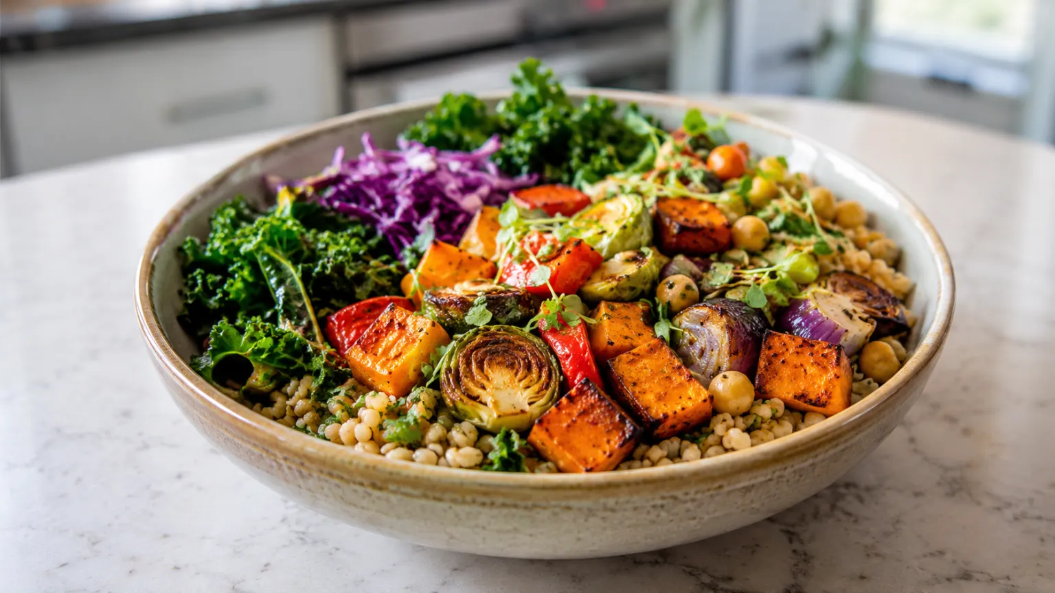Vegan Freekeh Bowl with Roasted Vegetables