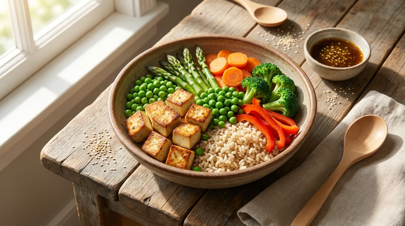 Vegan Rice Bowl with Tofu and Spring Vegetables