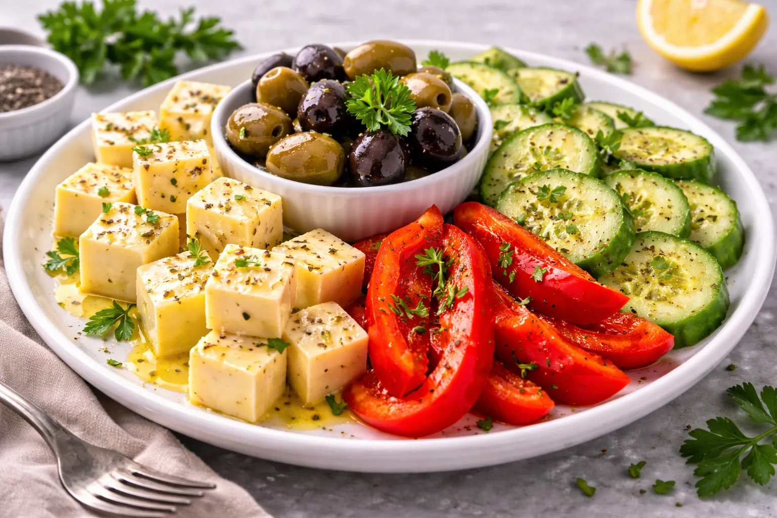 Keto tanjir: sir, masline i svježe povrće