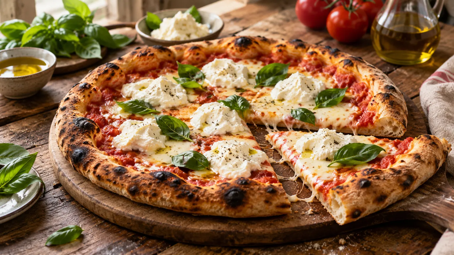 Creamy Burrata Pizza with Ricotta, Mozzarella and Basil