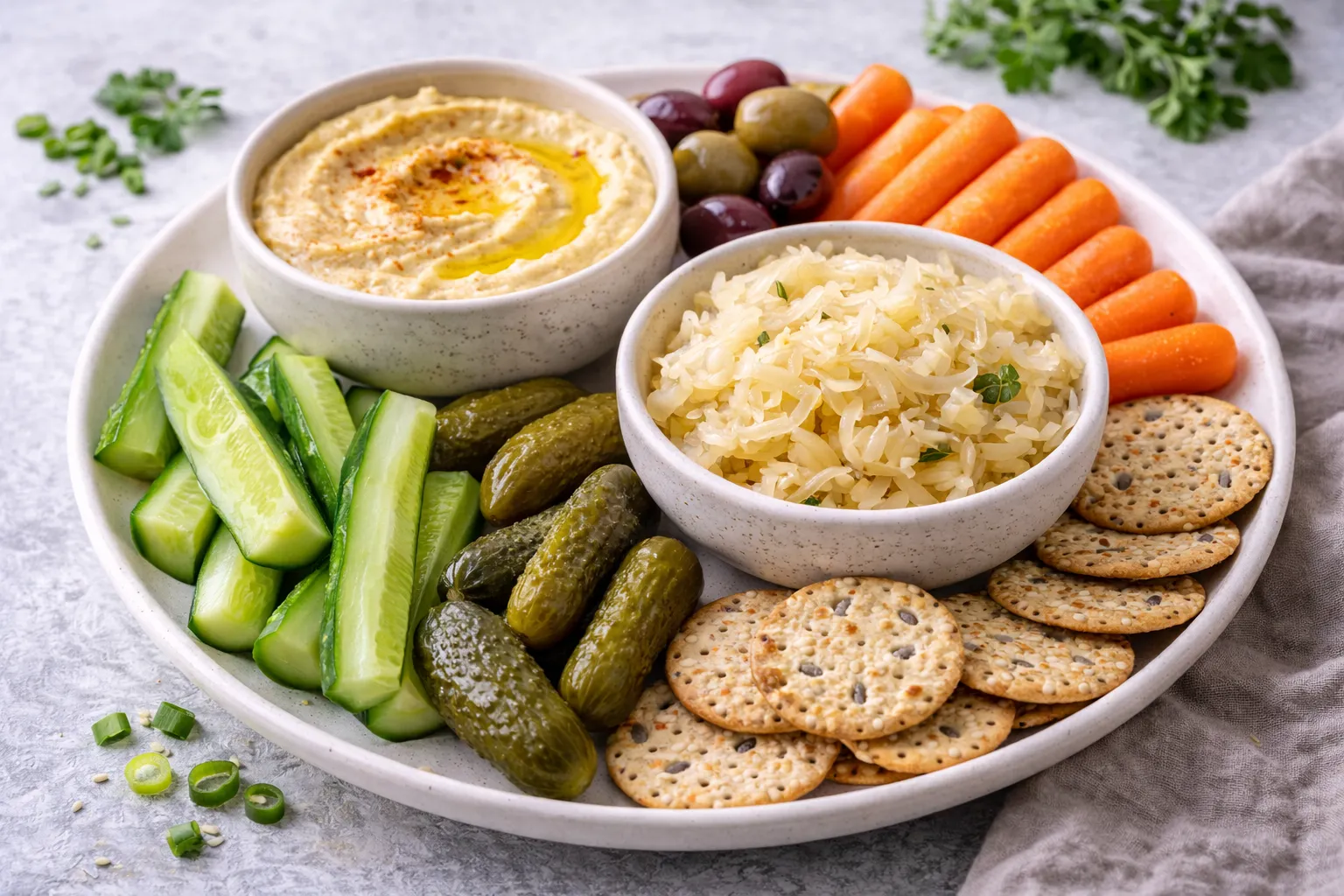 Snack Plate: Hummus + Sauerkraut + Crunchy Veggies (Gut Plate)