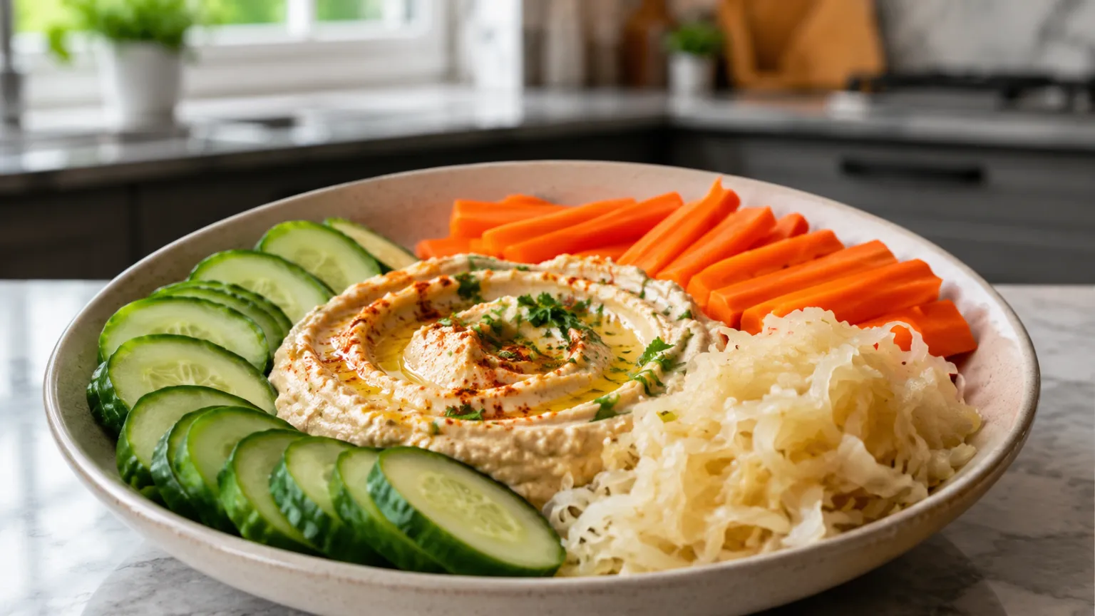 Snack Plate: Hummus + Sauerkraut + Crunchy Veggies (Gut Plate)