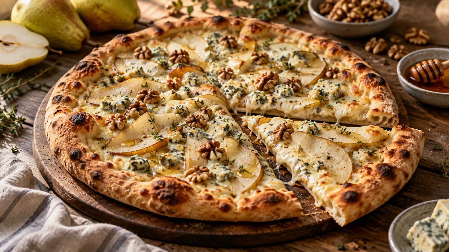 Gourmet Gorgonzola Pizza with Pear, Walnuts and Honey