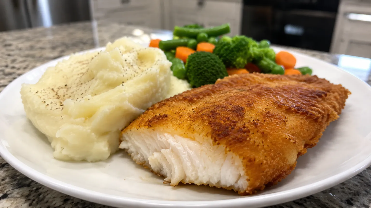Fried Fish with Mashed Potatoes and Vegetables