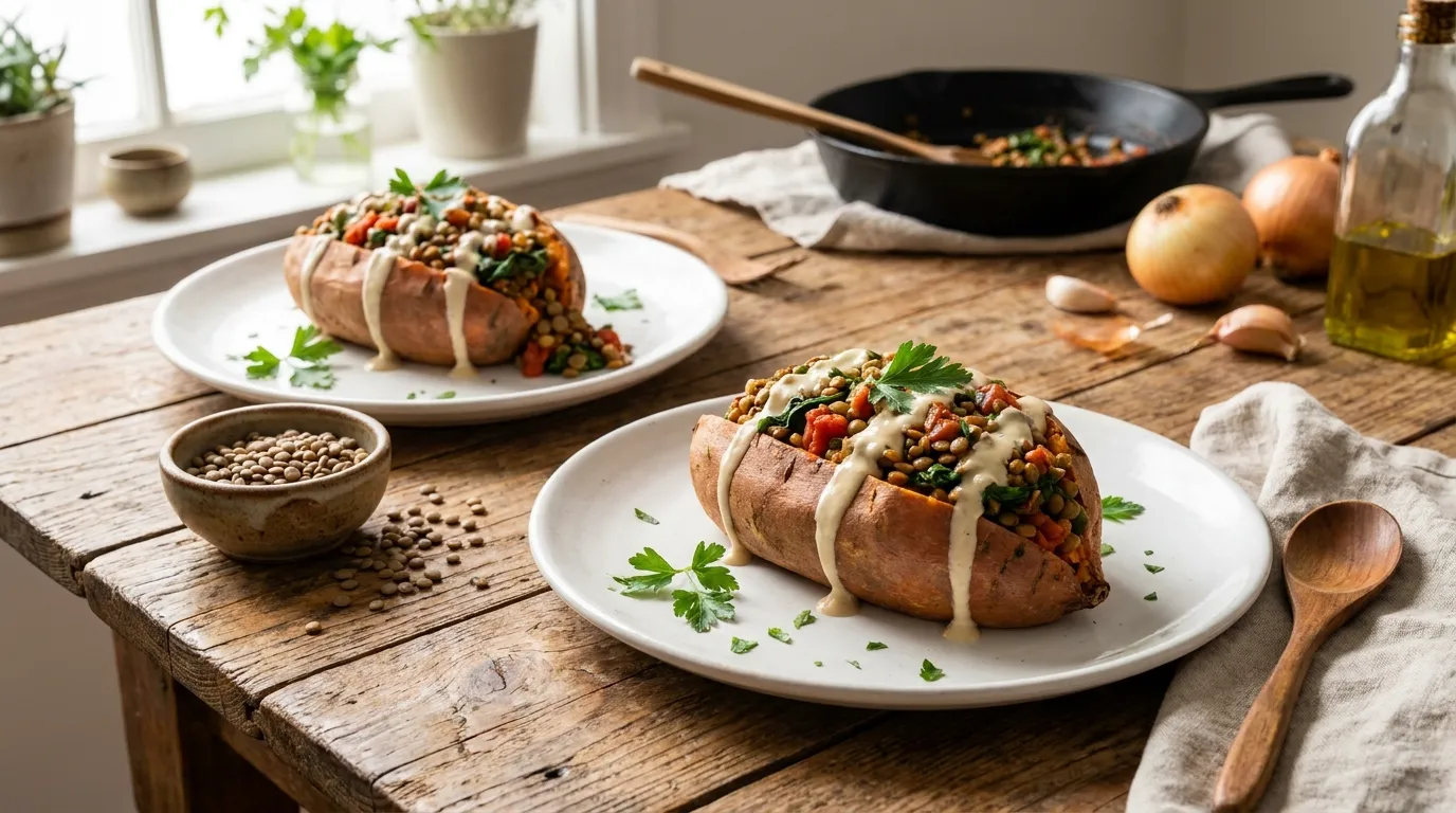 Mit Linsen gefüllte Süßkartoffeln und Zitronen-Tahini