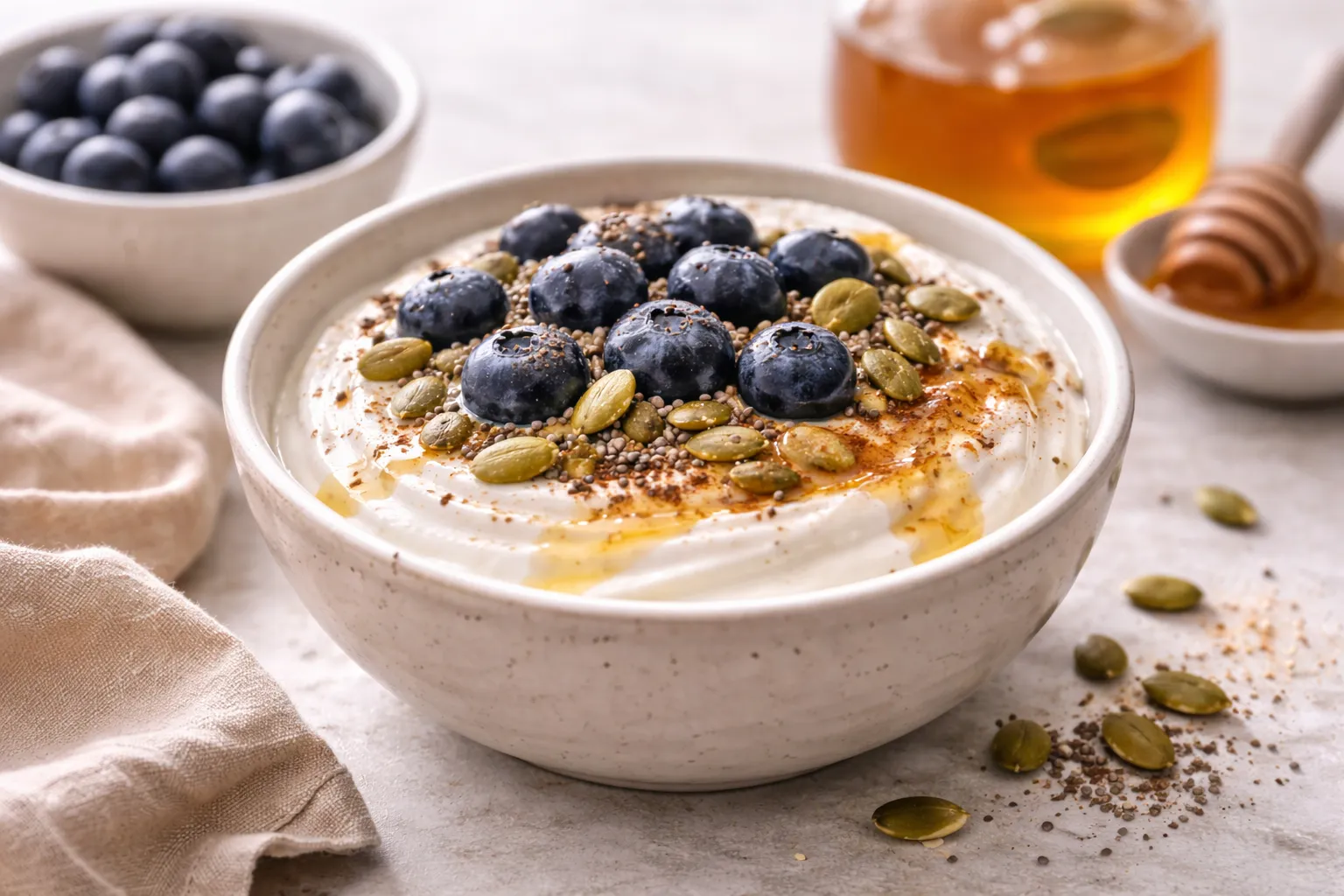 Protein yogurt bowl with fruit and seeds – quick, high-protein, no-cook breakfast (5 min)