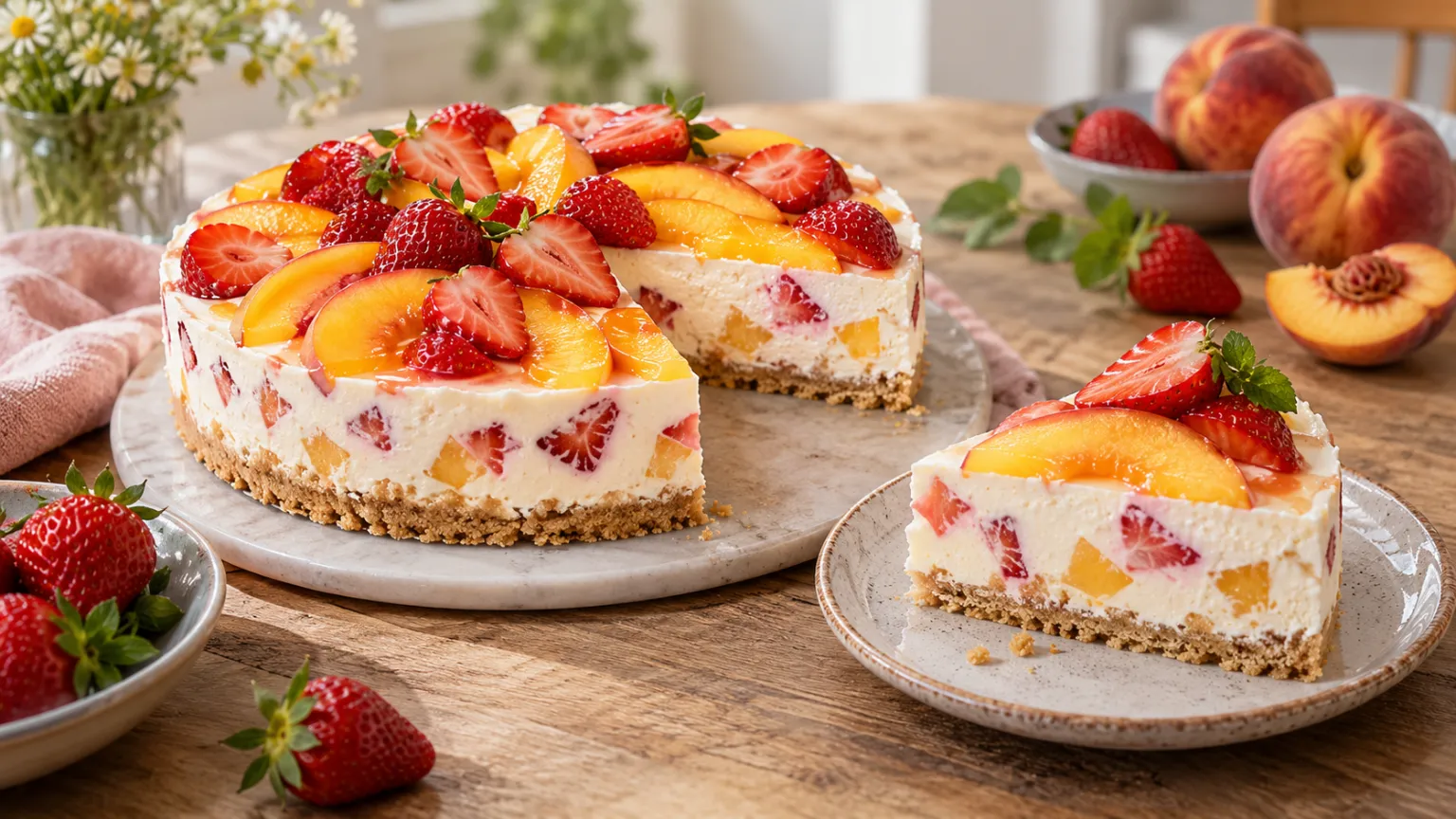 Quick No-Bake Fruit Cake – Strawberry and Peach Recipe