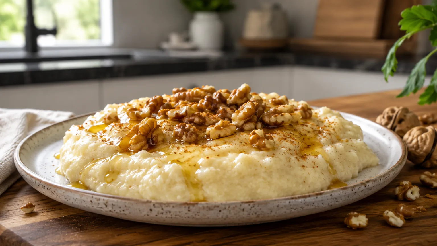 Grießpudding mit Honig und Walnüssen