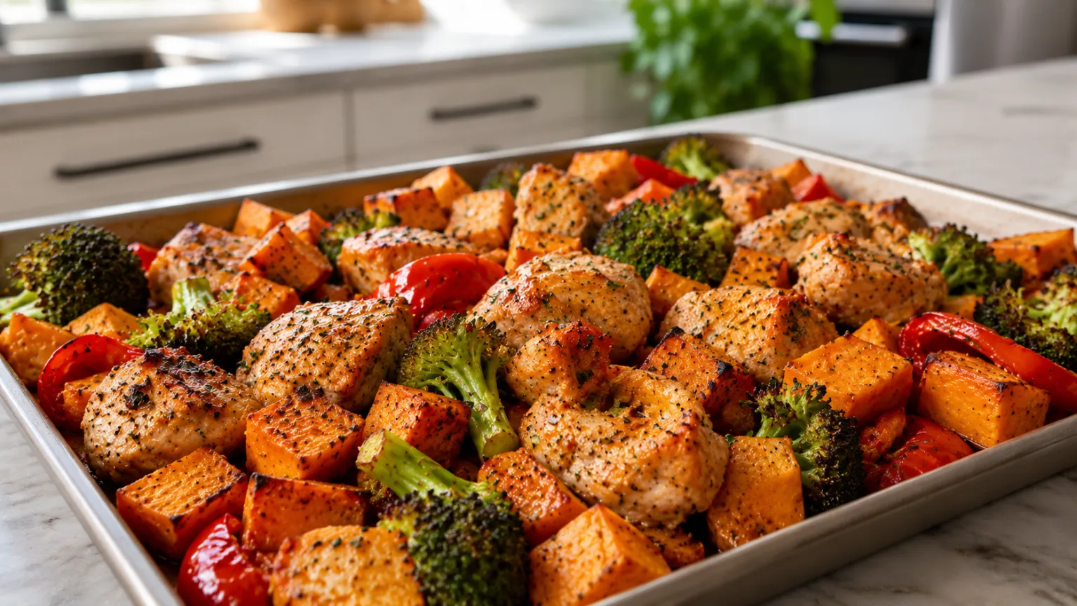 Roasted Sweet Potatoes with Chicken and Vegetables