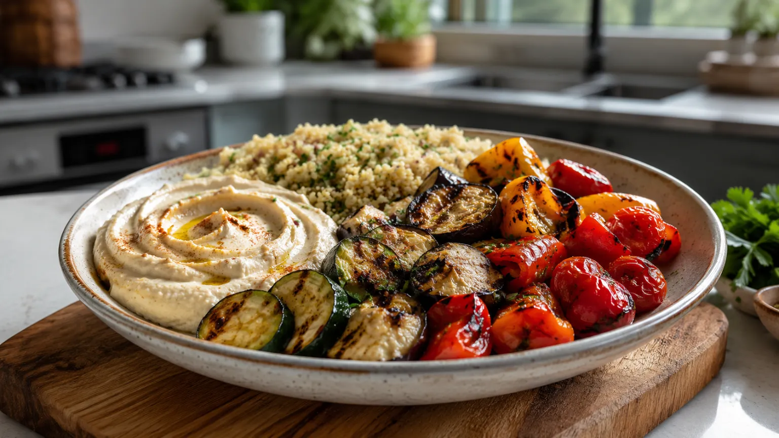 Grilled Vegetables with Couscous and Hummus